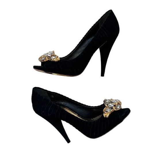 Miu Miu Black Suede Crystal Peep Toe Pumps - Picture 3 of 11